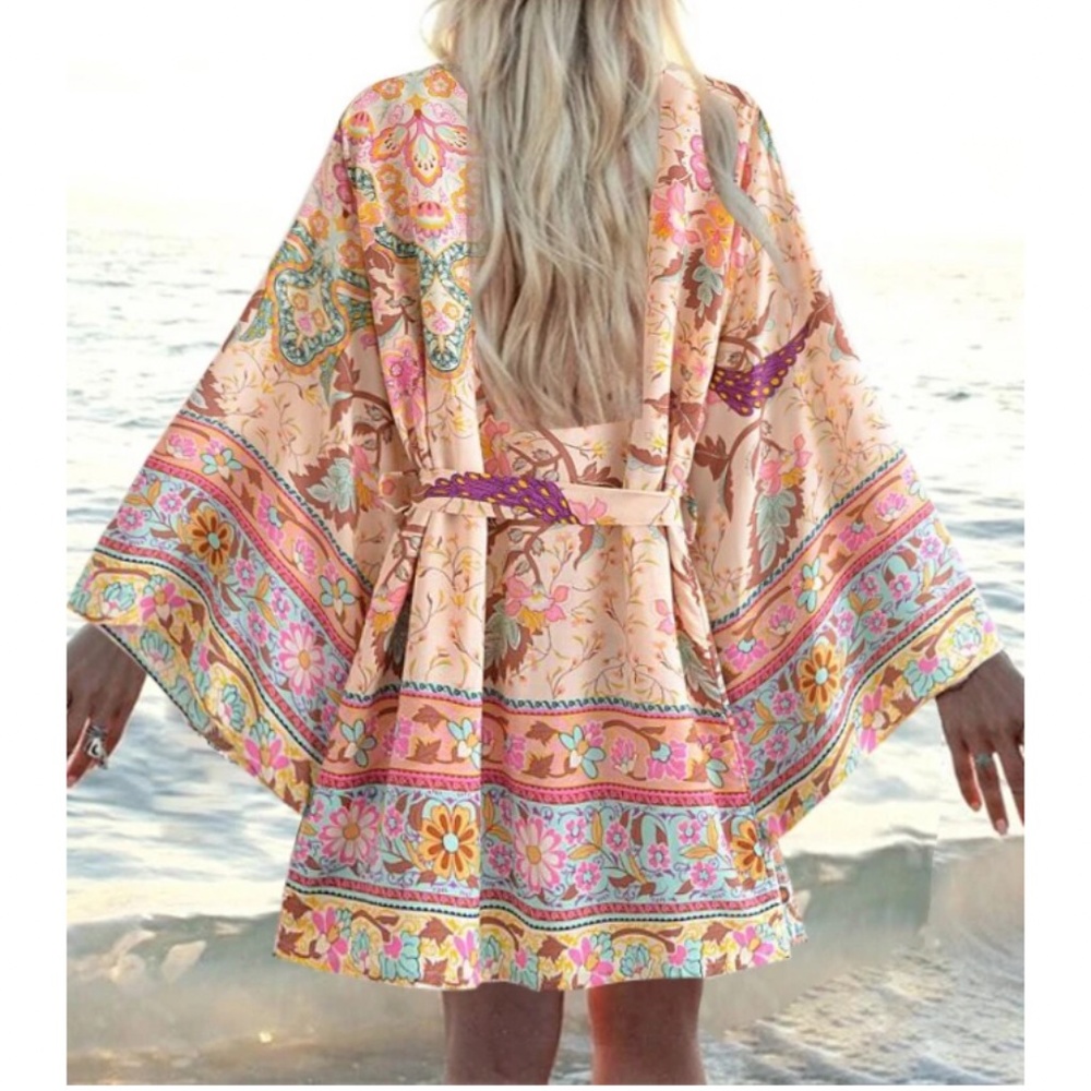 Floral Print Belted Kimono Cover up - Picture 2 of 8